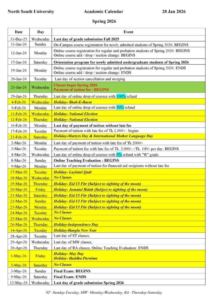 NSU Academic Calendar Spring 2026, Updated on 28 Jan 2026