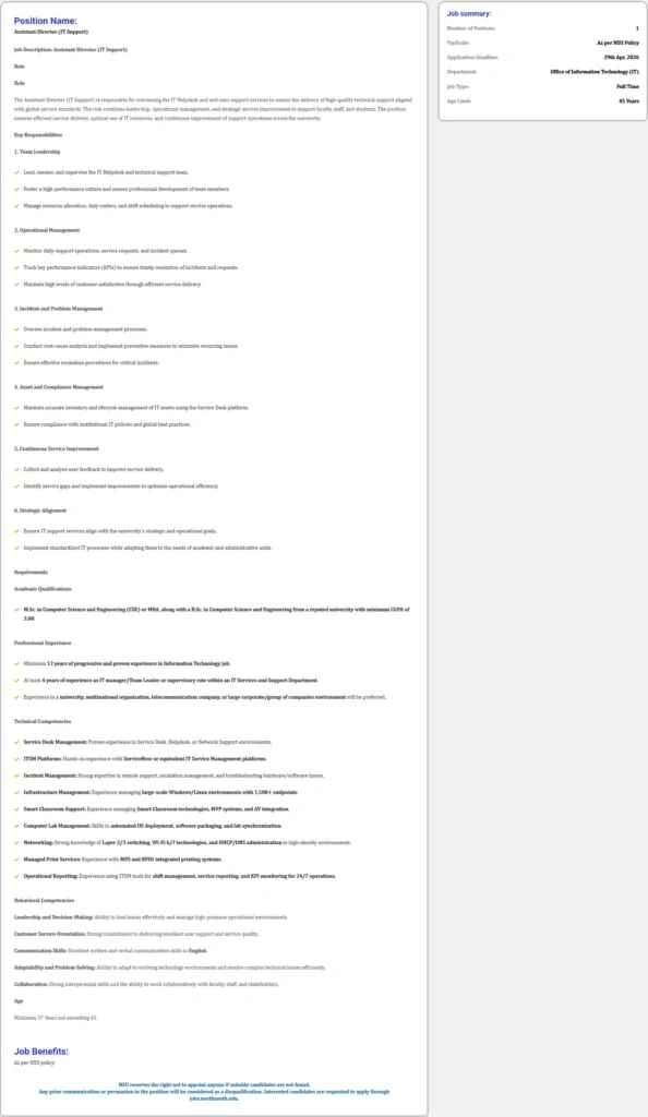 Assistant Director IT Support Job at North South University 2026