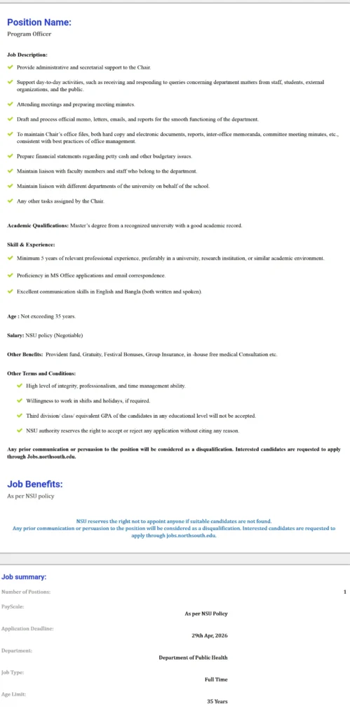 Program Officer Vacancy 2026 at Public Health Department, NSU